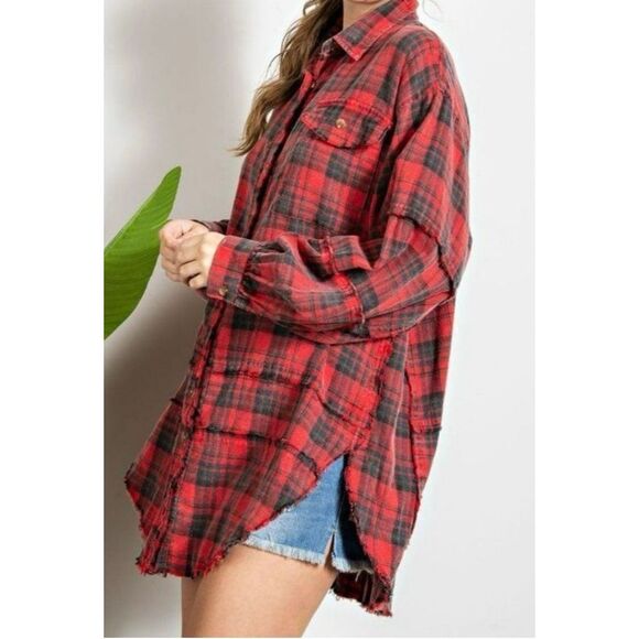Easel Womens Mineral Wash Red Plaid Button Oversized Top Sz Medium - Picture 4 of 9